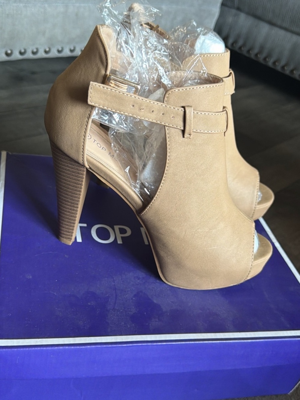 TOP Moda Tan Peep Toe Ankle Strap High Heels